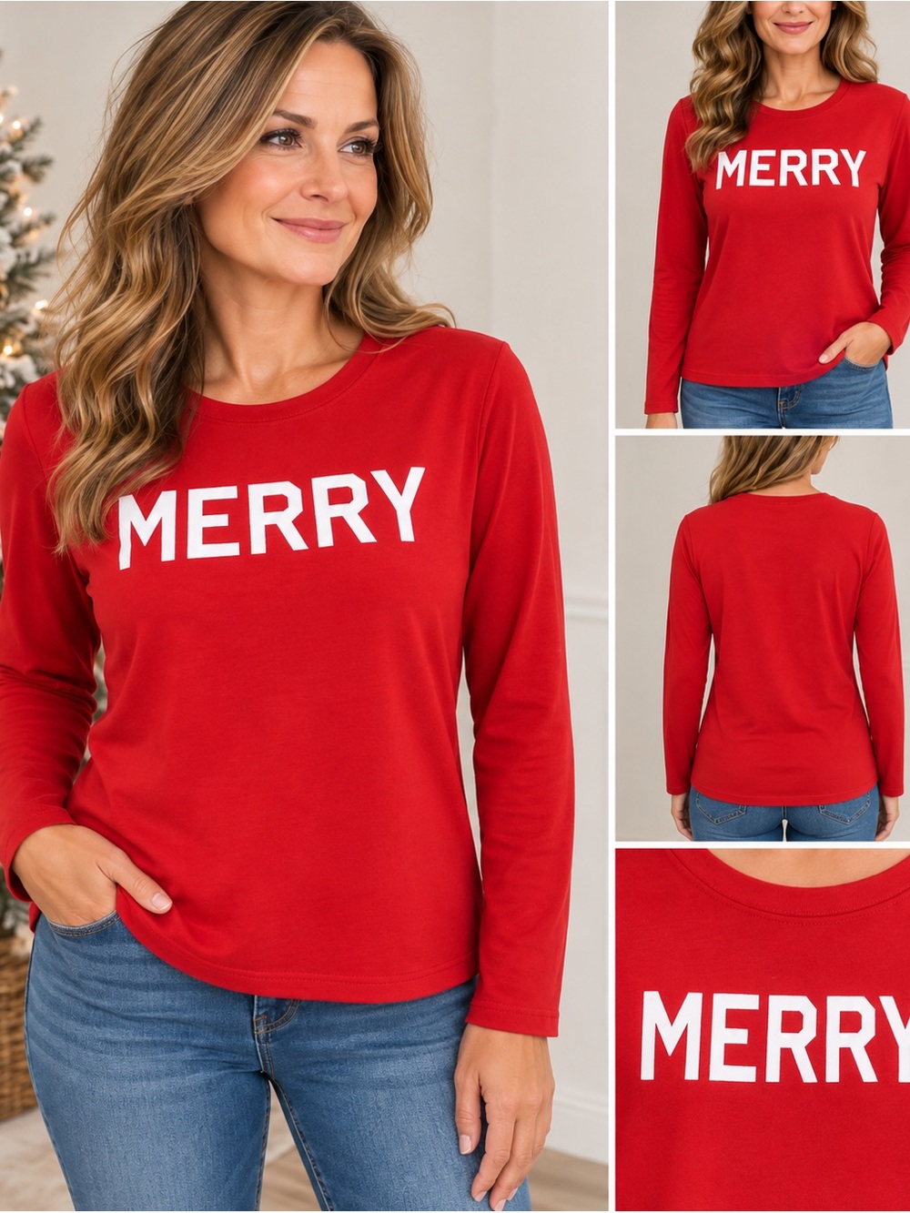J.Crew Factory Merry Christmas Long Sleeve Tee Red Size Large 100% Cotton